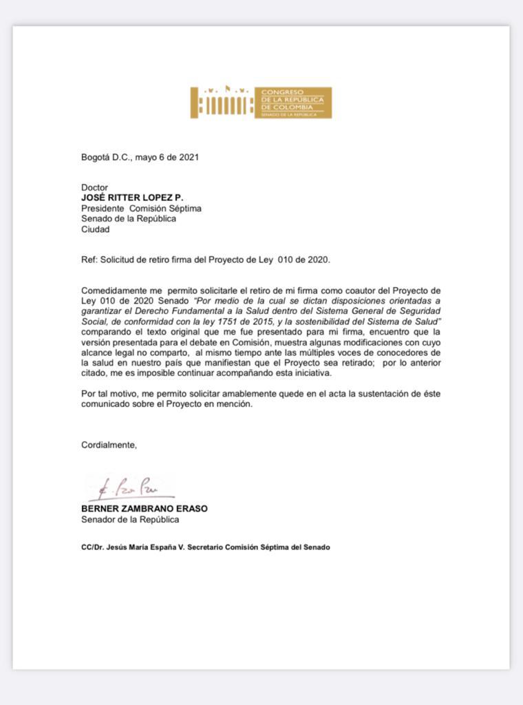 Carta enviada para retirar la firma.