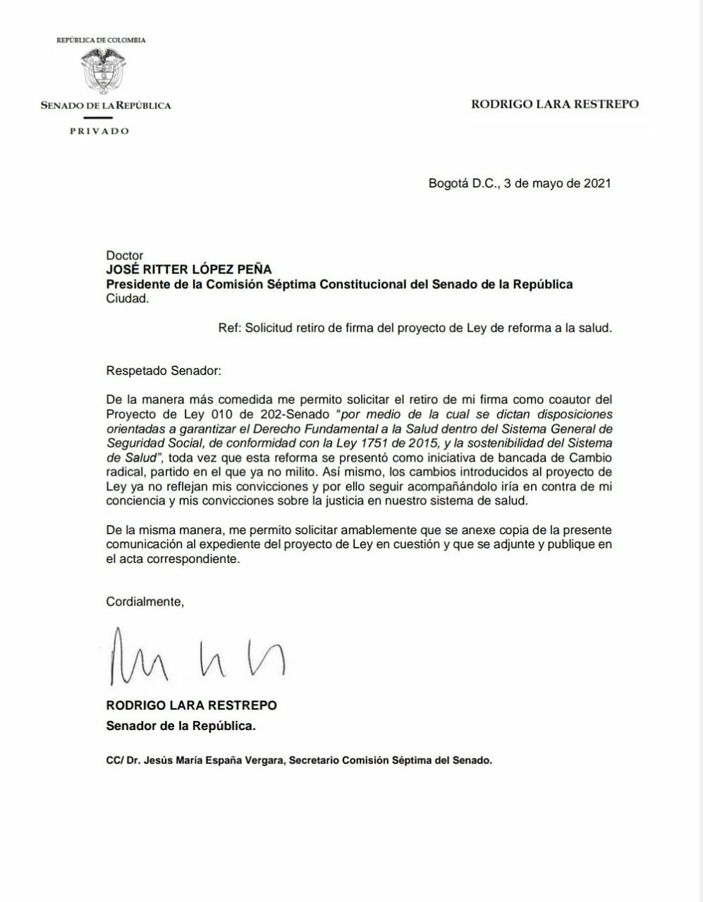 Carta enviada para retirar apoyo a la reforma a la salud.