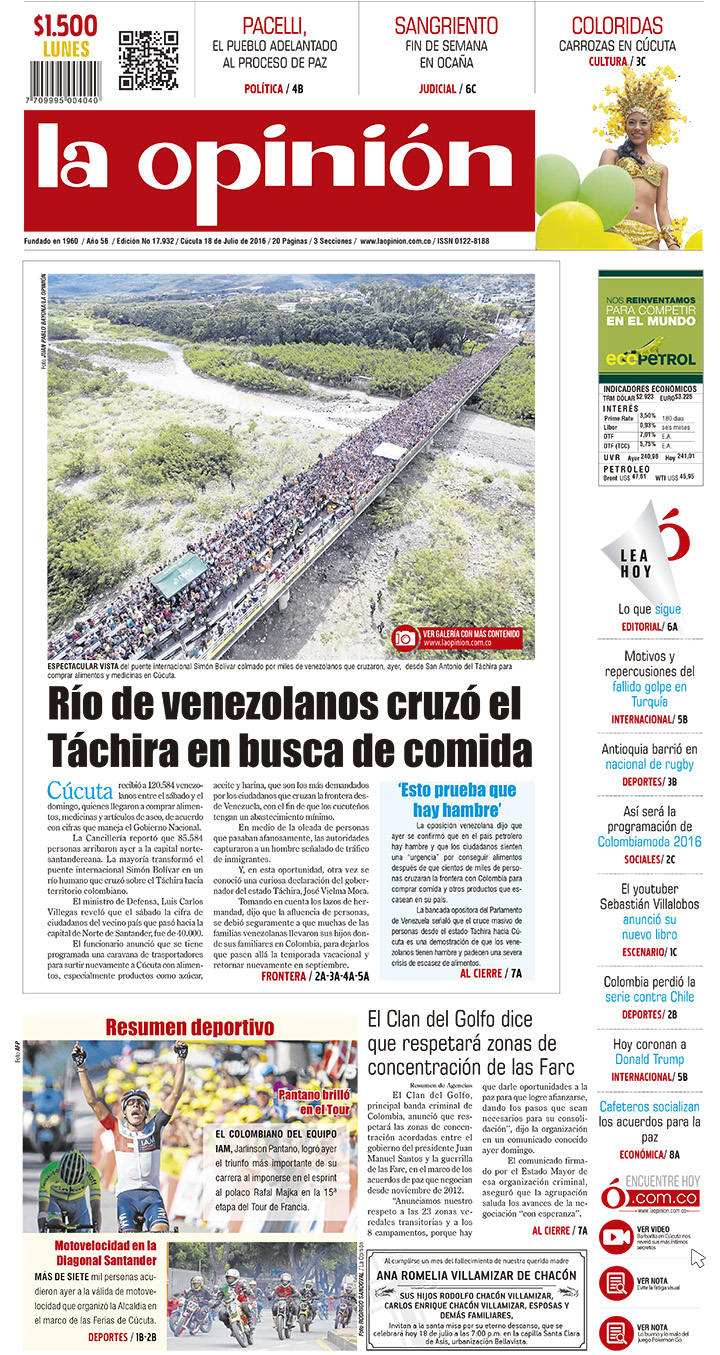 En julio de 2016, Cúcuta recibió en 120,584 venezolanos en tan solo un fin de semana, que llegaron en busca de alimentos, tras la crisis en su país.