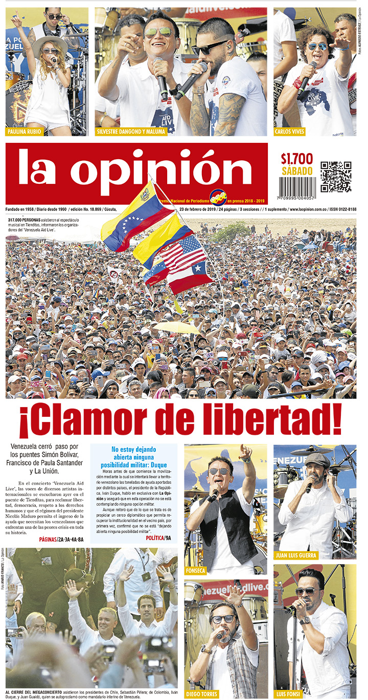 En febrero de 2019, 317 mil personas se reunieron para el concierto "Venezuela Aid Live", donde artistas nacionales e internacionales pidieron al gobierno venezolano el ingreso de ayudas humanitarias.