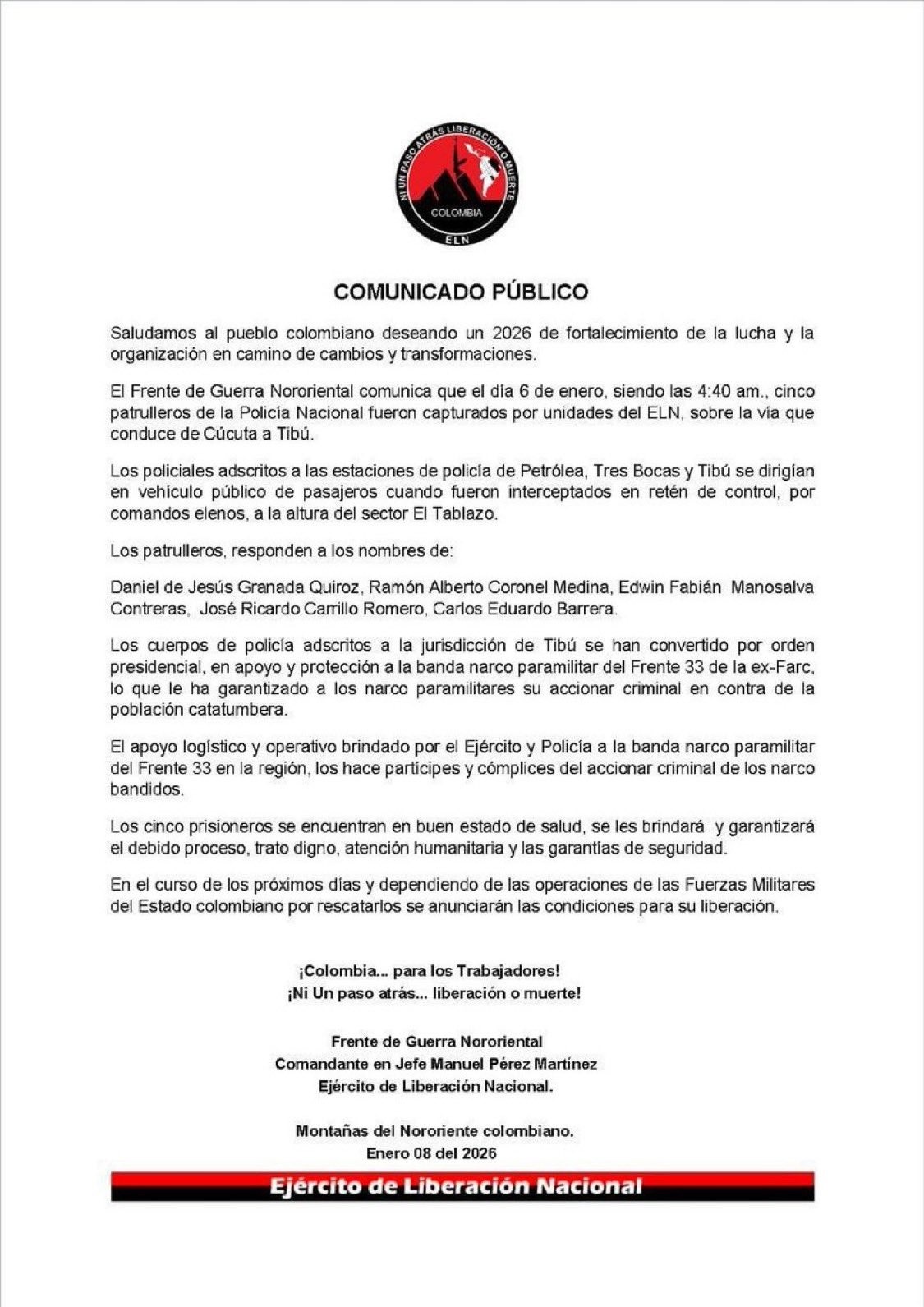 Comunicado - ELN 
