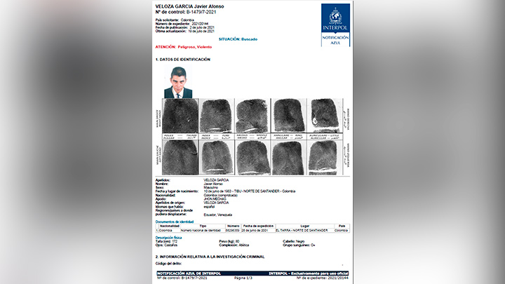 La circular azul de Interpol de 'Jhon Mechas'
