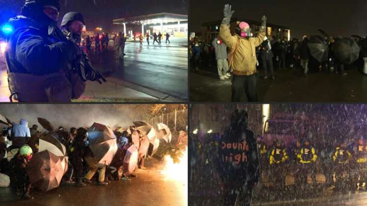 La policía antidisturbios actuó para dispersar a un grupo de entre 800 y 1.000 manifestantes en Brooklyn Center, el suburbio donde Daunte Wright fue abatido el domingo en un control de tránsito. / Foto: AFP