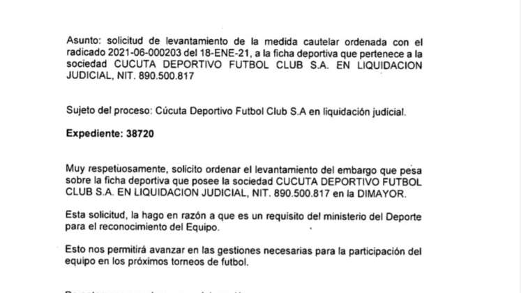 Carta liquidador del Cúcuta Deportivo 