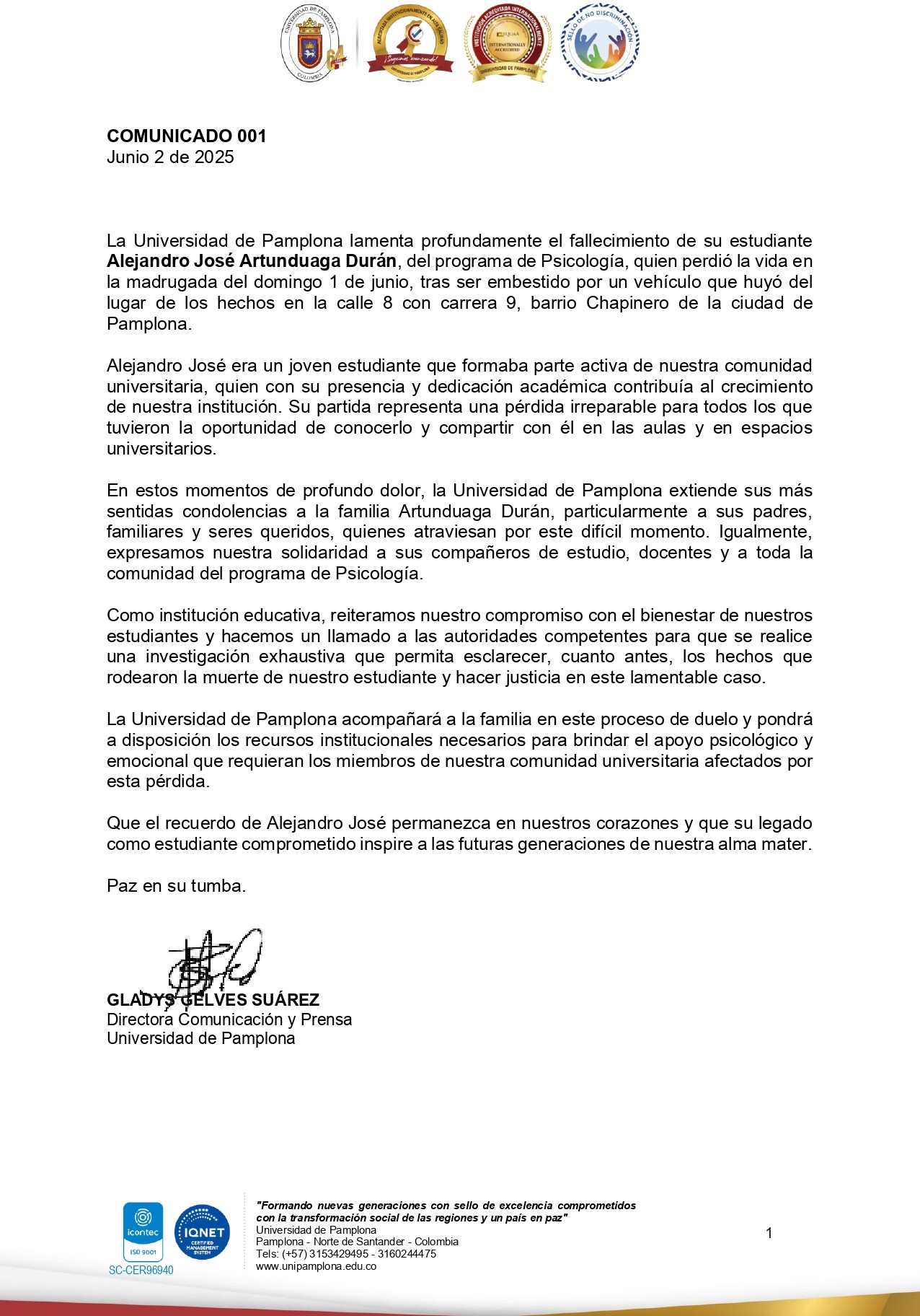 Comunicado Unipamplona. 