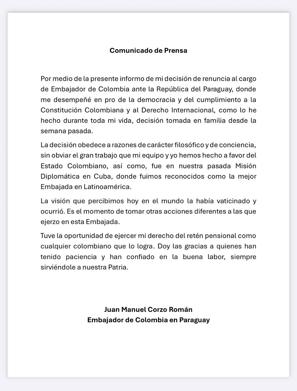 Juan Manuel Corzo renuncia al cargo de embajador de Colombia en Paraguay