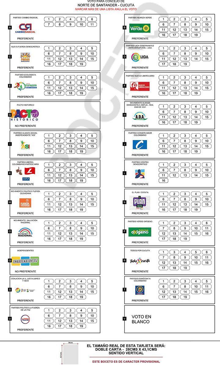 Este es el tarjetón para el Concejo de Cúcuta en las elecciones de 2023.