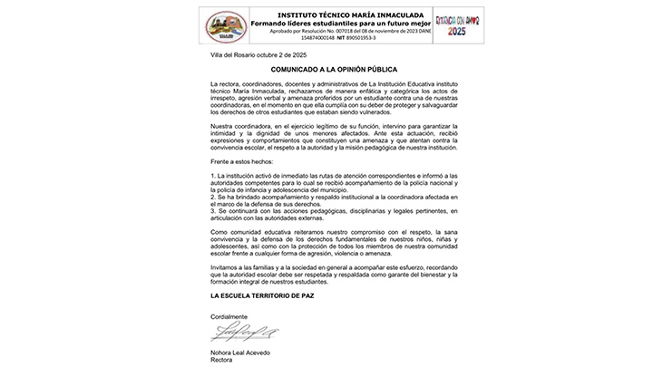 Comunicado Institución educativa María Inmaculada