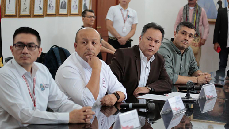 Dany Cañas, secretario de Agricultura; Ricardo Mendoza, director ejecutivo del Comíté de Cafeteros, el gobernador William Villamizar y Diego Gómez, gerente de Competitividad. / Foto cortesía