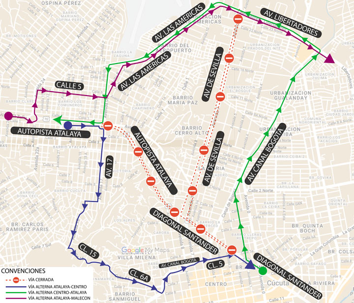 Mapa de las vías que estarán cerradas y las vías alternas./Foto: cortesía