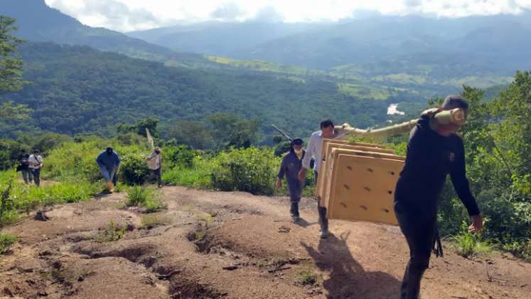 En zona rural de Sardinata se liberó al ocelote. Técnicos y comunidad lo trasladaron en un guacal. / Foto: Cortesía Corponor.