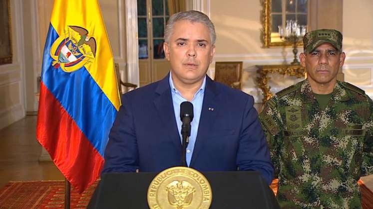 Iván Duque estuvo acompañado en su alocución del ministro del Interior, Daniel Palacios, la Vicepresidente, Marta Lucía Ramírez y el comandante General de las Fuerzas Militares, Luis Fernando Navarro. / Foto: Presidencia