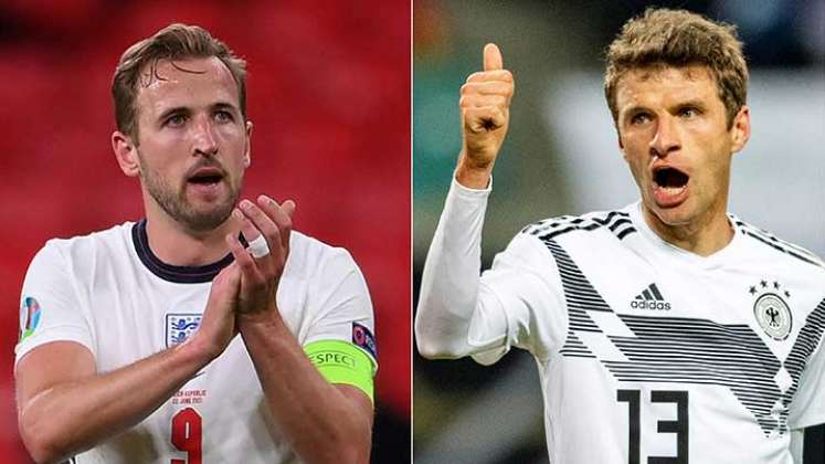 Harry Kane (izquierda), delantero de la selección inglesa y Thomas Muller, mediocampista del seleccionado alemán.