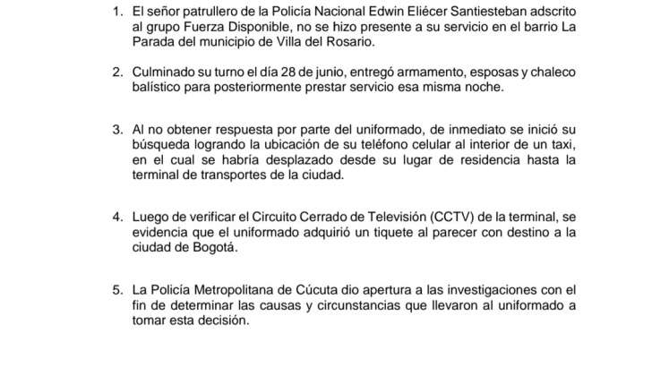 Comunicado de la Policía Nacional.