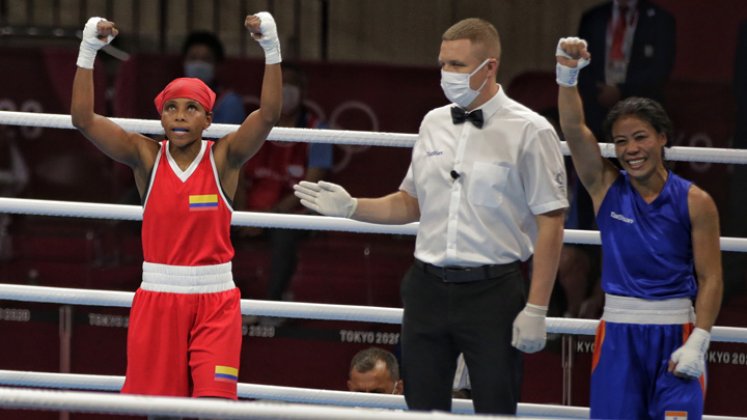 colombiana Ingrit Valencia, medallista de bronce en Rio-2016, se estrenó en los Juegos de Tokio derrotando a Mary Kom, un ícono del deporte de India que soñaba con alcanzar su ansiado oro olímpico a los 38 años./ Foto: Comité Olímpico Colombiano