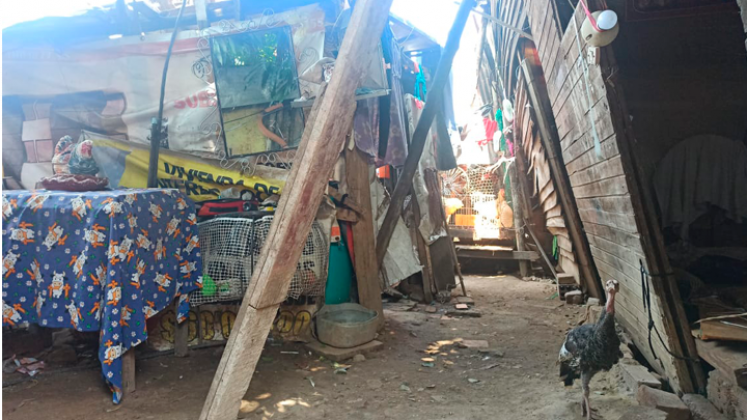 La casa está sostenida por algunos palos de madera.