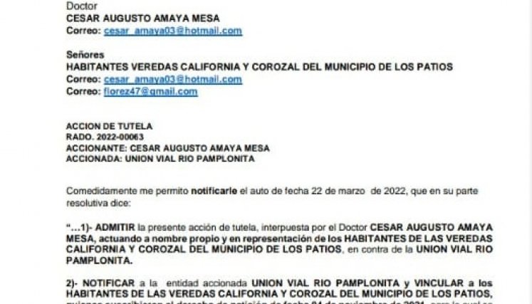 El Juzgado segundo Municipal del municipio Los Patios, falló a favor de la tutela interpuesta por los vecinos de las veredas Corozal y California en la zona rural.
