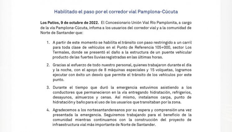 Ya está abierta la vía Cúcuta- Pamplona