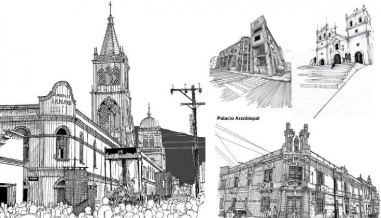 Zona sketch con ilustraciones de zonas importantes de Pamplona con otro estilo. / Foto: Tomada de la guía. 