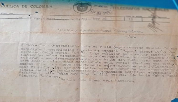 Revelan telegrama de Lucio Pabón Núñez contra la creación del departamento Caro.