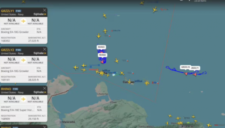 Sobrevuelo de aviones de combate de Estados Unidos cerca a Venezuela. // Foto: captura de pantalla Flightradar24.