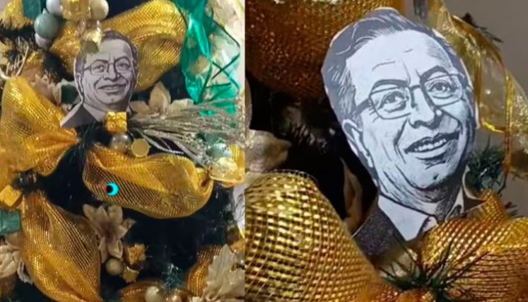 Un hombre adorno su árbol de Navidad con imágenes de Gustavo Petro