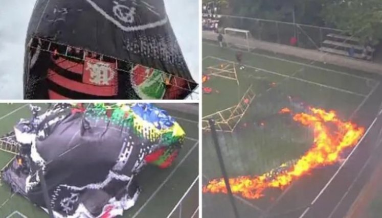 Globo de mecha por poco causa tragedia en Envigado: parte de una cancha sintética se incendió
