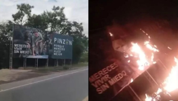 En El Zulia, fue incinerada una valla del candidato a la presidencia Juan Carlos Pinzón./Foto Cortesía