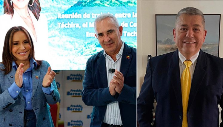 La ministra de Comercio Exterior de Venezuela, Coromoto Godoy, y el gobernador Freddy Bernal (derecha). Johnson Delgado, de Fedecámaras Táchira./  Foto Mincoex Venezuela