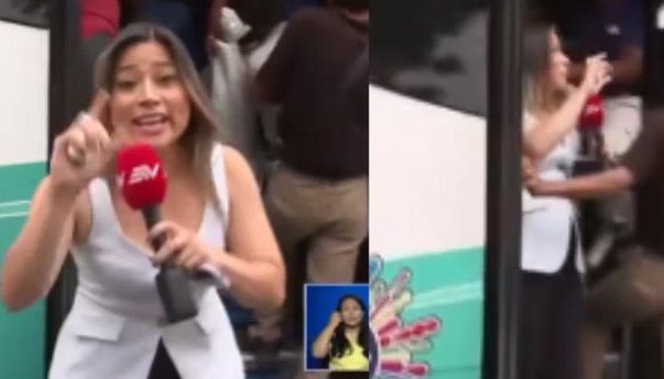Presentadora subió a un bus y el conductor arrancó con ella en vivo
