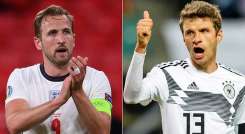 Harry Kane (izquierda), delantero de la selección inglesa y Thomas Muller, mediocampista del seleccionado alemán.