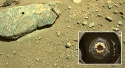 En esta imagen de archivo publicada por la NASA, se puede ver el pozo de perforación del segundo intento de recolección de muestras de Perseverance, en esta combinación de dos imágenes tomadas el 1 de septiembre de 2021 por una de las cámaras de navegación del rover. La NASA ha confirmado que su rover Perseverance ha logrado recolectar su primera muestra de roca en Marte. "¡Lo tengo!" La agencia espacial tuiteó en las primeras horas del 6 de septiembre de 2021. / Foto: AFP