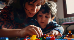 Una madre juega cubos con su hijo.