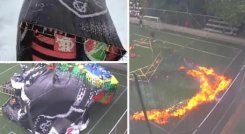 Globo de mecha por poco causa tragedia en Envigado: parte de una cancha sintética se incendió