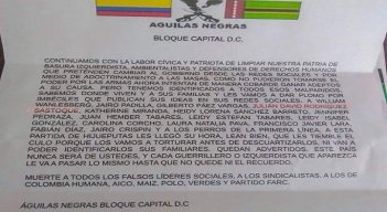 Un panfleto con amenazas contra varios dirigentes de oposición y promotores del paro nacional circuló en las últimas horas en redes sociales./Foto: colprensa