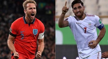  Harry Kane, delantero de la selección inglesa (izquierda) y Alireza Jahanbakhsh, mediocampista de Irán.