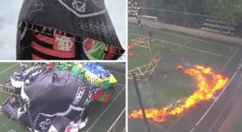 Globo de mecha por poco causa tragedia en Envigado: parte de una cancha sintética se incendió