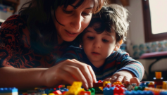Una madre juega cubos con su hijo.